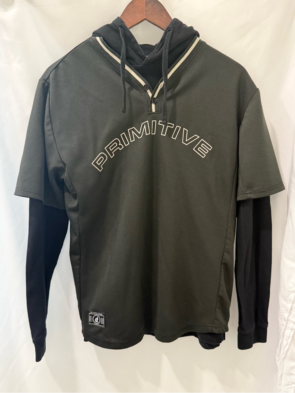 Primitive Skateboarding Two-Fer Hooded Baseball Jersey Light Black Sz S